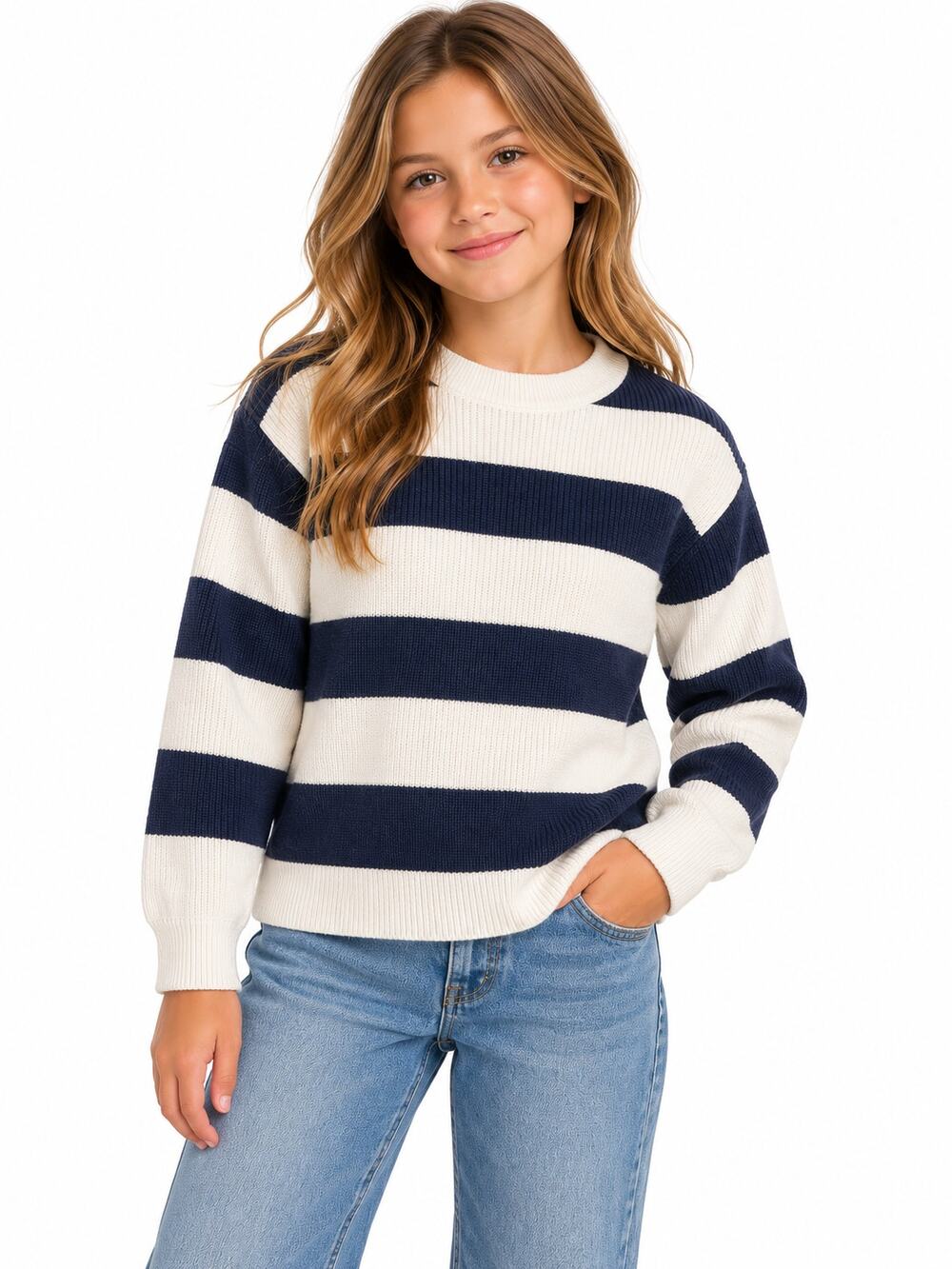 Zara Girls 9-10 Striped Knit Sweater Navy Blue White Crewneck Long Sleeve